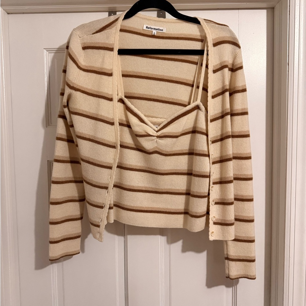 Reformation Cream and Brown Striped Cami + Cardigan